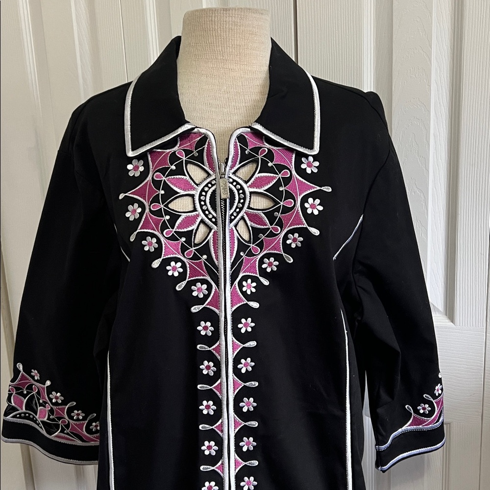 Bob Mackie Wearable Art Black, Pink Floral Embroidered Retro Zip Jacket Size 3X - Picture 2 of 16